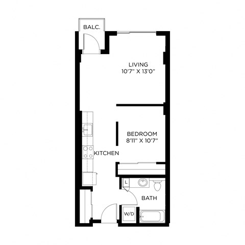Floor plan for 1 bed, 1 bath, 613 sqft